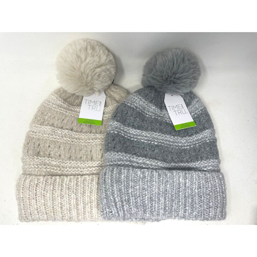 Lot 2 Pom Pom Beanie Knit Hats New Gray & Taupe Time and Tru NWT